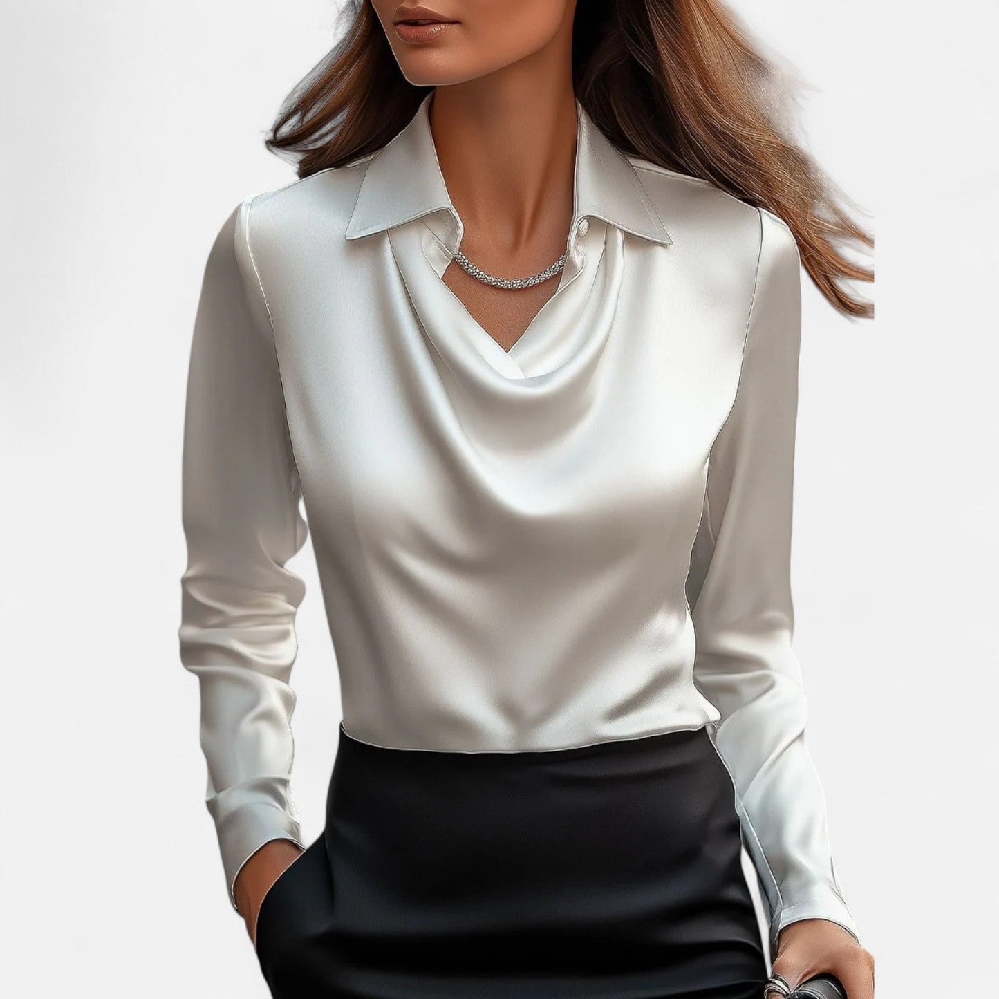 Old Dulor | Blouse Blanche en Satin Femme – Col Drapé, Élégance Intemporelle